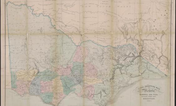 This squatting map of Victoria shows counties, road and rail lines, settlements and subdivisions. Relief is shown on the map using hachures.