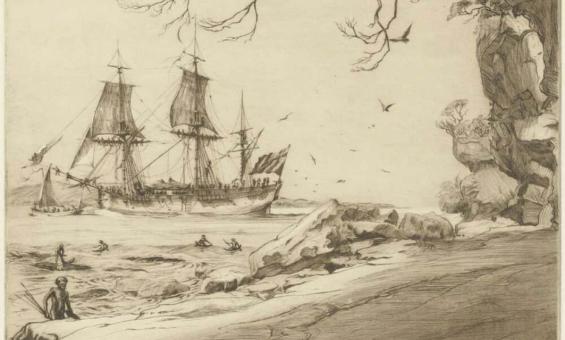 etching of the Endeavour in  Botany Bay