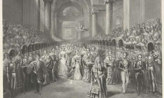A picture of Queen Victoria at the House of Lords to open the first Parliament of her reign