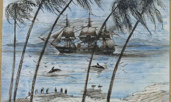 painting of a ship in the background on the ocean and palm trees on an island in the foreground