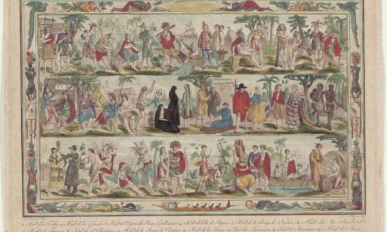 painting of many indigenous people interacting with Cook