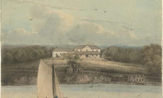 Watercolour of a bay with a sailboat in the foreground and a large white building in the background overlooking the bay