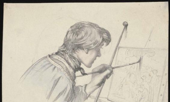 pencil drawing a young male artist leaning over a canvas painting an active scene