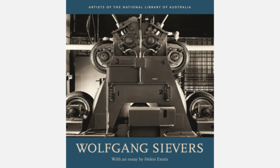 Cover of NLA Publishing book 'Wolfgang Sievers' with a photo of tyre manufacturing machinery and blue along the top and bottom