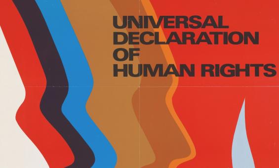 Top portion of a poster differently coloured side profiles of a face on a red background, with black text reading 'Universal Declaration of Human Rights'