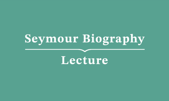 White text reading 'Seymour Biography Lecture' on a teal background