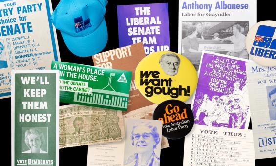 Various ephemera relating to Australian federal election campaigns spread over a black background