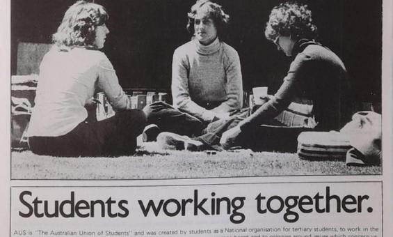 Leaflet with a large image of three students, bold text reading 'AUS & YOU' and some information about The Australian Union of Students