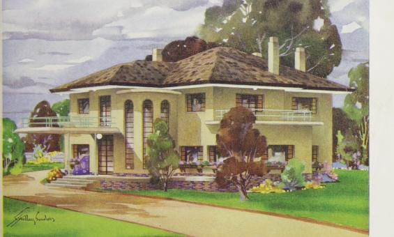 Cover of 'The Australian Home Beautiful' magazine featuring an illustration of a large yellow house with lots of windows, two balconies and a curved wall on a sunny day