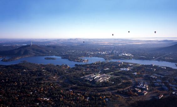 Panoramic photo of Canberra taken from a helicopter on a clear day