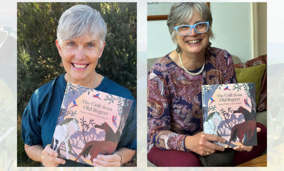 Side by side photos of Dianne Wolfer and Erica Wagner smiling and holding up copies of their book 'The Colt from Old Regret'
