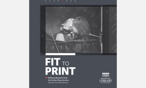Book cover for 'Fit to Print' which features the title in white text and a black and white photo of two men working on a large ship propeller