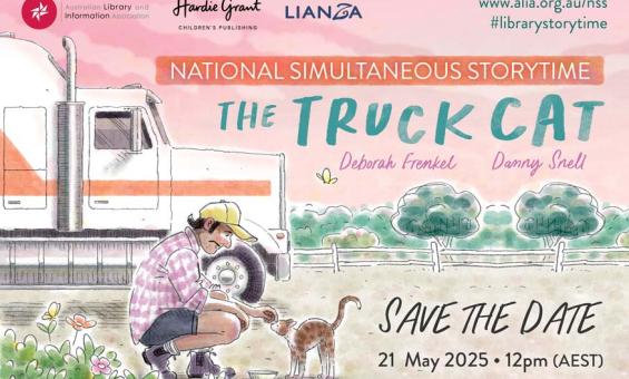 Cover of the book The Truck Cat by Deborah Frenkel and Danny Snell. A man is crouched down patting a cat. There is a bowl in front of the cat, a bush with flowers in the foreground, and trees behind a white pole fence and a truck cabin in the background.