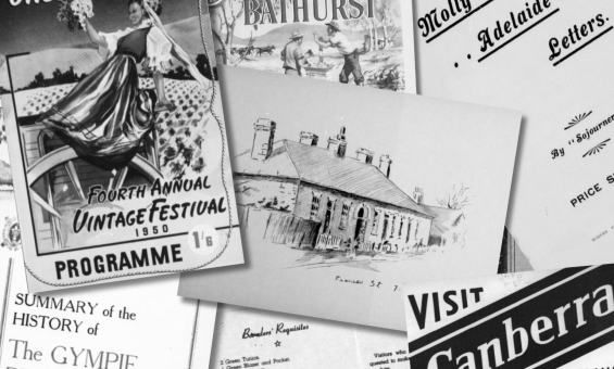 Black and white local history pamphlets and flyers, and a sketch of a large house