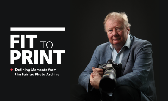 On the right is a man holding a camera. On the left are the words 'Fit to Print: Defining Moments from the Fairfax Photo Archive'