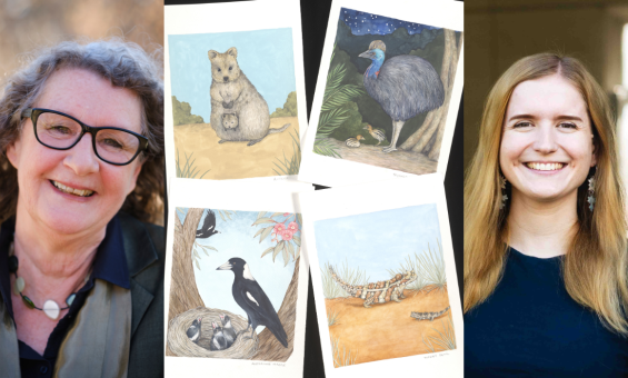 Coloured image featuring headshots of two women smiling at the camera. In the middle of the image is a collection of four sketches of Australian animals. 