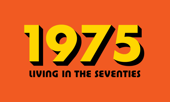 Text in a retro font reading '1975 Living in the Seventies' on a bright orange background