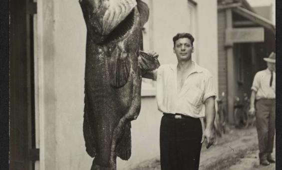 A man standing next to a hanging fish. The fish is taller and larger than him.