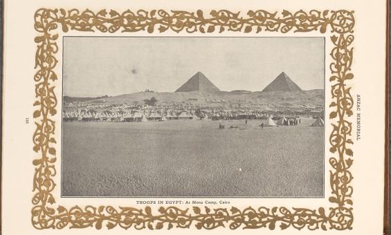 Troops stationed at the base of the Egyptian pyramids. 