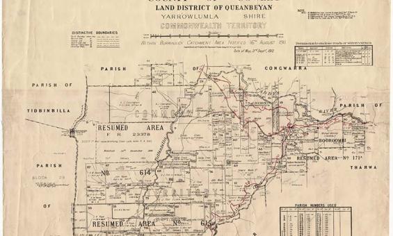 1912 map of the Parish of Booroomba, County of Cowley Land District of Queanbyan, Yarrowlumla Shire, Commonweath territory