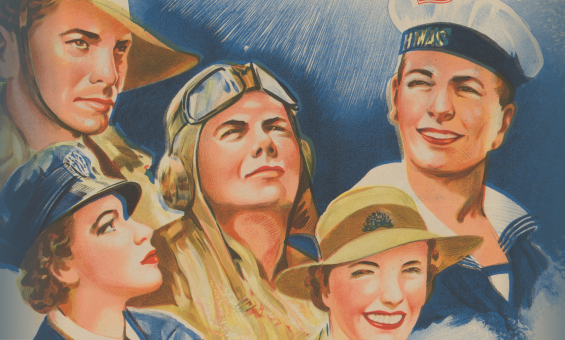 Portion of a poster depicting men and women from Australia's Defence Forces.