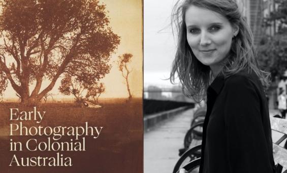 Book cover with sepia toned photograph of a gum tree, alongside photo of author Eliza deCourcy holding a camera