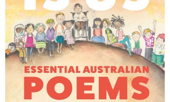 Book cover with the title 'This is Us' in large white text, the subtitle 'Essential Australian Poems for Young People' is red text and illustrations of Australian children on an orange background