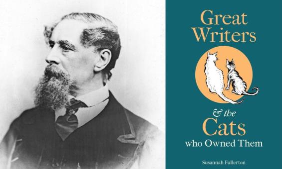 A black and white portrait in profile of Charles Dickens, alongside a blue book cover featuring two illustrated cats