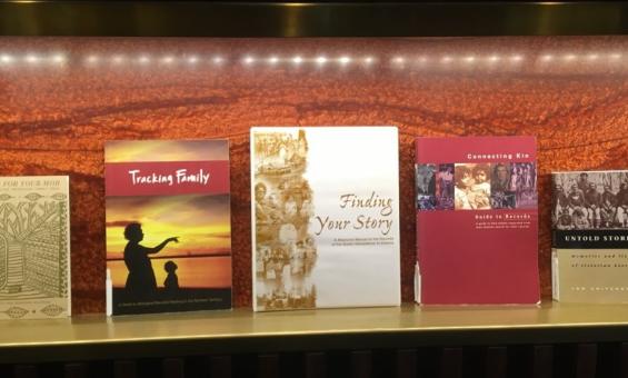 5 First Nations Family History Books on a light shelf on display