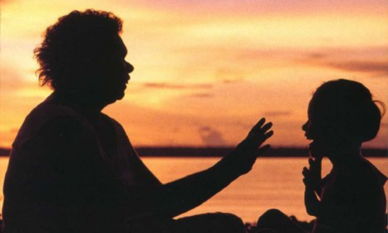 Detail of the cover of 'Bringing them home : the "Stolen children" report' which features in image of a parent and child playing at sunrise