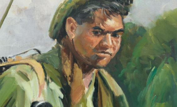 Detail of the cover of book 'In defence of country : life stories of Aboriginal and Torres Strait islander servicemen & women' which features a painting of a First Nations serviceman