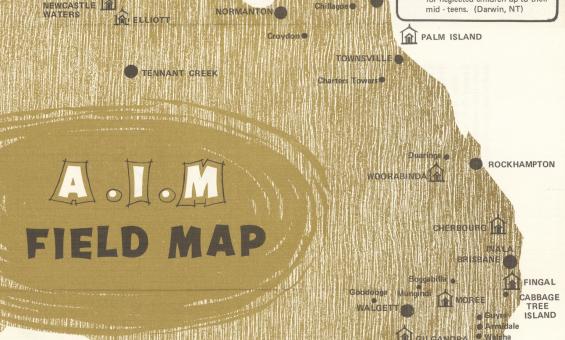 Map of eastern Australia noting where there are organised churches, mission centres and outstations