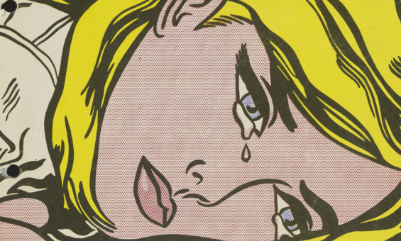 A portion of the cover of The Rocky Horror Picture Show film script featuring a graphic of a blonde woman's face. The woman is crying.