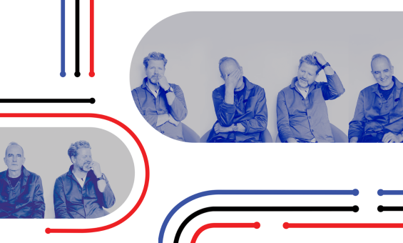 Various blue collage images of Tim Ross and Kevin McCloud with their show's branding, which incudes red and blue lines.