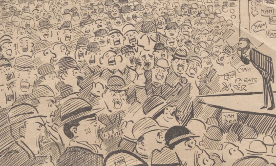 detail of illustration of crowd listening to a man on stage