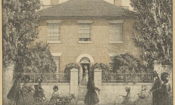 Detailed illustration of a 2 storey brick house with a woman at the front door, and people walking along the path out front