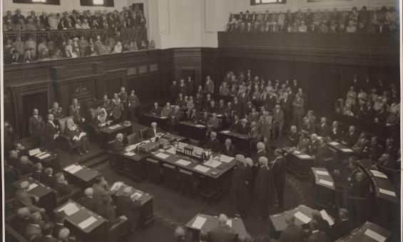 Black and white photo of the opening of Federal Parliament