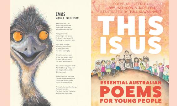 An illustrated book cover alongside a poem with a comical drawing of an emu