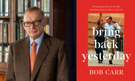 A photograph of a man in glasses, suit and tie with his book cover for Bring Back Yesterday