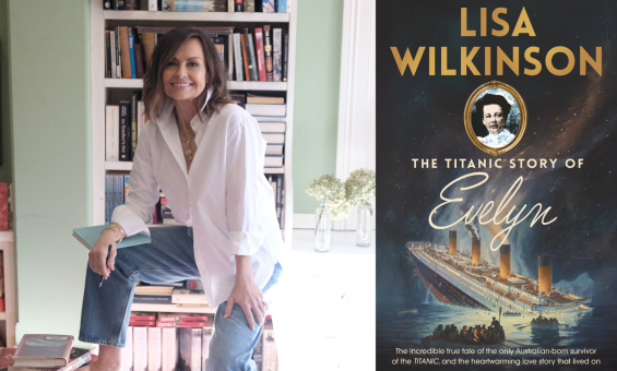 A woman sitting on a tool with piles of books and a bookcase behind her