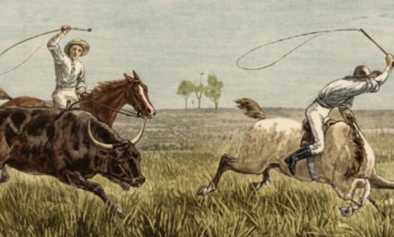 A painting of two stockman riding horses and holding whips high in the air, capturing a bull