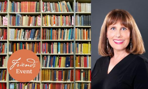 Shelves of books in the National Library's repository are pictured alongside speaker Susannah Fullerton