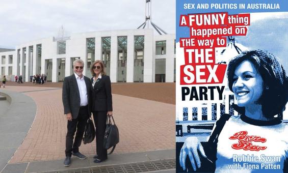 A man and woman wearing dark suits are pictured standing in front of Australia's Parliament House. The cover of their book is shown on the right of the image.
