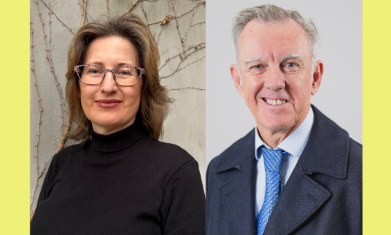 A split image featuring two professional headshots. On the left, a middle-aged woman with brown hair and glasses, wearing a black turtleneck, is smiling gently against a textured, light-colored background with some visible vines. On the right, an older man with gray hair, wearing a dark suit, white shirt, and blue patterned tie, is smiling directly at the camera against a plain gray background. Both individuals appear professional and approachable.