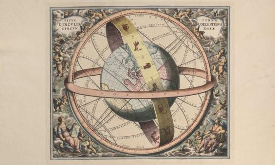An antique, detailed celestial globe illustration, featuring constellations, lines of latitude and longitude, and astronomical markings.
