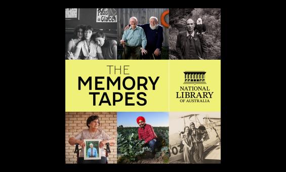 Collection of various portraits, from groups of people to individuals, with the title 'The Memory Tapes' on a yellow back