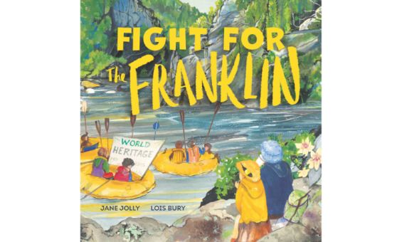 Children's book cover with an illustration of people in yellow rubber boats on a river, with a young girl and an old man looking on