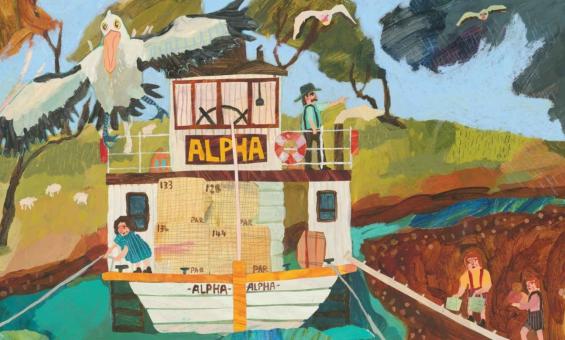 Illustration of a paddle steamer boat on a river with a large pelican in the top left corner, and people digging in the dirt on shore