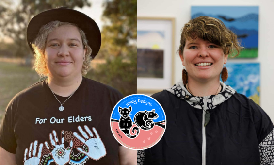 A split image featuring two women. On the left, a woman with curly hair and a black hat wears a t-shirt with Aboriginal art and the text 'For Our Elders'. On the right, a smiling woman with curly hair and large earrings stands in front of artwork. A circular logo for 'Wilay Designs' with two illustrated possums is centered between them.